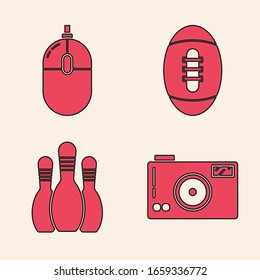 Set Photo camera, Computer mouse, American Football ball and Bowling pin icon. Vector