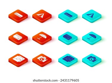 Set Photo, camera, Credit card, Sun protective umbrella for beach, Tourist tent and Air conditioner icon. Vector