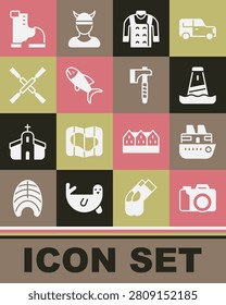 Set Photo camera, Cruise ship, Lighthouse, Sweater, Fish, Oars or paddles boat, Winter warm boot and Wooden axe icon. Vector