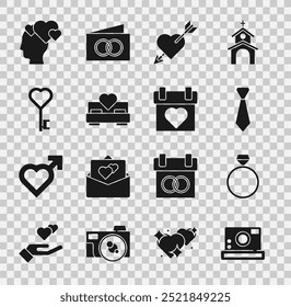 Definir câmera fotográfica, anel de engajamento diamante, gravata, Amour com coração e seta, quarto, forma chave, cabeça e calendário ícone. Vetor