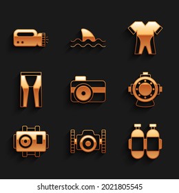 Set Photo camera for diver, Aqualung, Wetsuit scuba diving,  and Flashlight icon. Vector