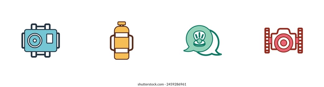 Set Photo camera for diver, Aqualung, Scallop sea shell and  icon. Vector