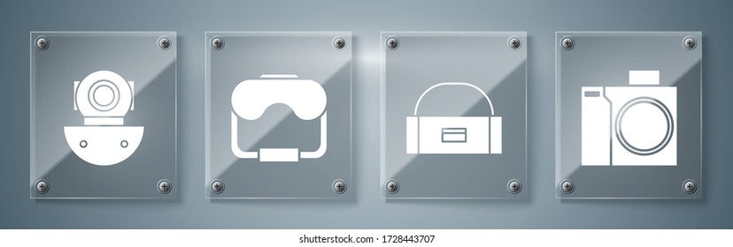 Set Photo camera for diver, Case or box container for wobbler, Diving mask and Aqualung. Square glass panels. Vector