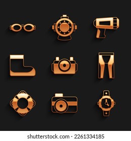 Set Photo camera for diver, Diving watch, Wetsuit scuba diving, Lifebuoy, Boots, Flashlight and Glasses swimming icon. Vector