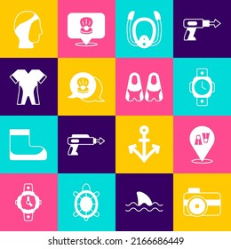 Set Photo camera for diver, Flippers swimming, Diving watch, mask with snorkel, Scallop sea shell, Wetsuit scuba diving, hood and icon. Vector