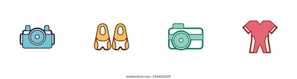 Set Photo camera for diver, Flippers swimming,  and Wetsuit scuba diving icon. Vector
