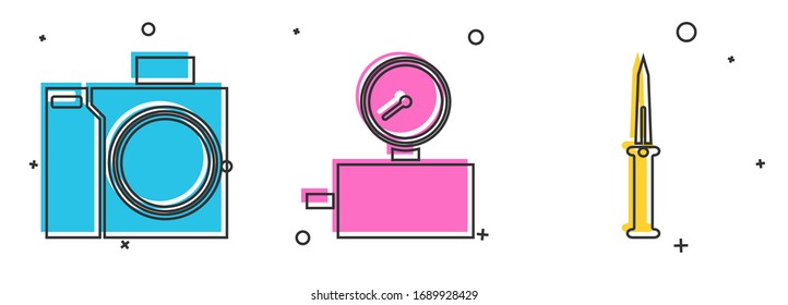 Fotokamera für Taucher, Waage und Army Messer Ikone. Vektorillustration