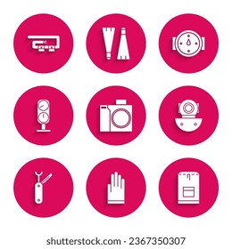 Set Photo camera for diver, Gloves, Backpack, Aqualung, Swiss army knife, Gauge scale, Wind rose and Diving belt icon. Vector