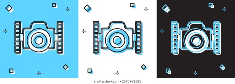 Set Photo camera for diver icon isolated on blue and white, black background. Foto camera icon. Diving underwater equipment.  Vector