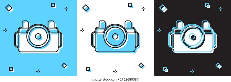 Set Photo camera for diver icon isolated on blue and white, black background. Foto camera icon. Diving underwater equipment.  Vector