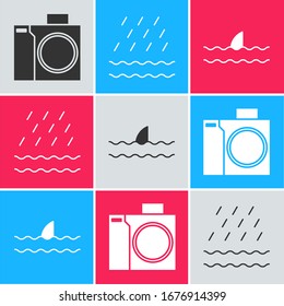 Set Photo camera for diver, Rain and waves and Shark fin in ocean wave icon. Vector