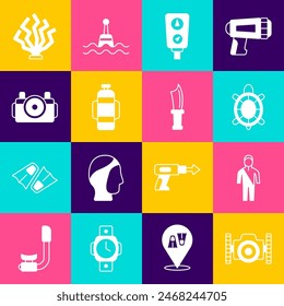 Set Photo camera for diver, Wetsuit scuba diving, Turtle, Gauge scale, Aqualung, Coral and Diving knife icon. Vector