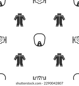 Set Photo camera, Diving mask and Wetsuit on seamless pattern. Vector