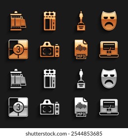 Set Photo camera, Drama theatrical mask, Video recorder on laptop, MP3 file document, Old film movie countdown frame, Movie trophy, Camera roll cartridge and Cinema ticket icon. Vector