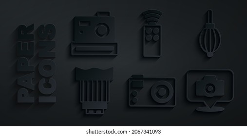Set Photo camera, Dust blower, Camera photo lens, Remote control for and  icon. Vector
