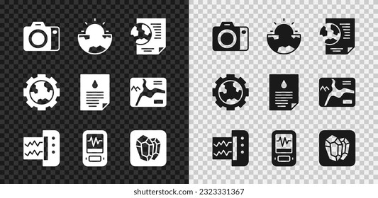 Set Photo camera, Earth core structure crust, globe with document, Seismograph, Gem stone, Gear wheels and earth and Oil drop icon. Vector