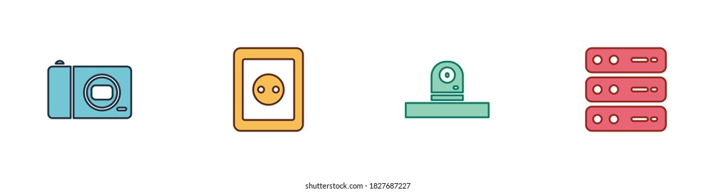 Set Photo camera, Electrical outlet, Security and Server, Data, Web Hosting icon. Vector.