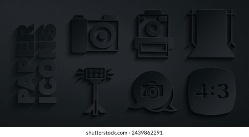 Set Photo camera, Empty photo studio, Studio light bulb in softbox, frame 4,  and  icon. Vector