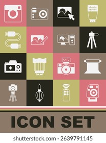 Set Photo camera, Empty photo studio, Tripod, retouching, USB cable cord,  and  icon. Vector