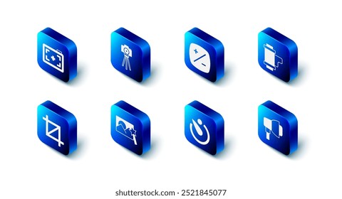 Set Photo camera, Exposure compensation, Camera roll cartridge, Softbox light, timer, retouching, Picture crop photo and  icon. Vector