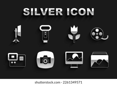 Set Photo camera, Film reel, frame, retouching, Action extreme, mode macro, Studio light bulb softbox and flash icon. Vector