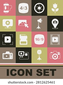 Set Photo camera, Camera film roll cartridge, shutter, retouching,  and Studio light bulb softbox icon. Vector