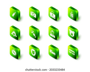 Set Photo camera, First aid kit, Spray against insects, Bear head, Hunting cartridge belt, Hunter, Off road and Wild lion icon. Vector