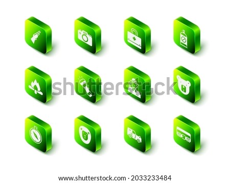 Set Photo camera, First aid kit, Spray against insects, Bear head, Hunting cartridge belt, Hunter, Off road and Wild lion icon. Vector