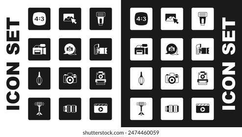 Ajuste el flash de la cámara de fotos, el cine, el cuadro 4, el retoque y el icono del ventilador de polvo. Vector