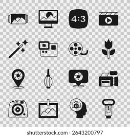 Set Photo camera flash, Cinema, mode macro, frame 4, Action extreme, retouching,  and Film reel icon. Vector