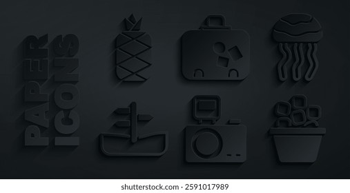Set Photo camera with flash, Jellyfish, Road traffic sign, Ice bucket, Suitcase and Pineapple icon. Vector