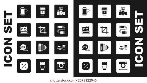 Set Photo camera with flash, Picture crop photo, Camera roll cartridge, USB cable cord, retouching and  icon. Vector