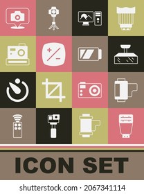 Set Photo camera flash, Camera roll cartridge, Softbox light, retouching, Exposure compensation,  and Battery for icon. Vector