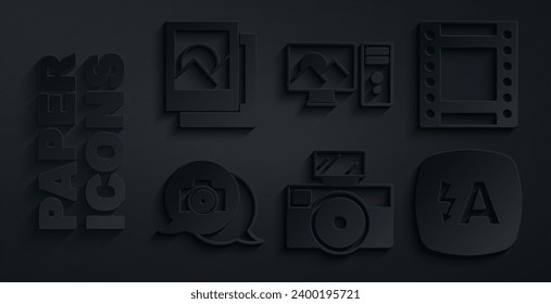Set Photo camera with flash, Camera roll cartridge, Auto, retouching and frame icon. Vector