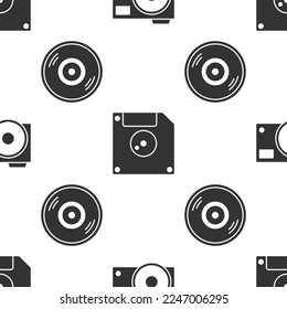 Set Photo camera, Floppy disk for computer data storage and Vinyl disk on seamless pattern. Vector