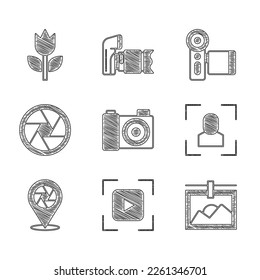 Set Photo camera, Camera focus frame line, shutter, Cinema and mode macro icon. Vector