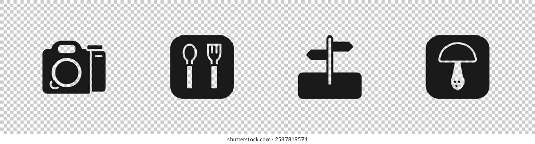 Set Photo camera, Fork and spoon, Road traffic sign and Mushroom icon. Vector