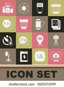 Set Photo camera, frame, flash, Camera photo lens, fx, with and roll cartridge icon. Vector
