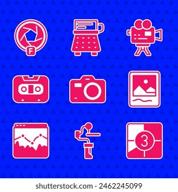 Set Photo camera, Gimbal stabilizer for, Old film movie countdown frame, Music wave equalizer, Retro audio cassette tape, cinema and Camera shutter icon. Vector