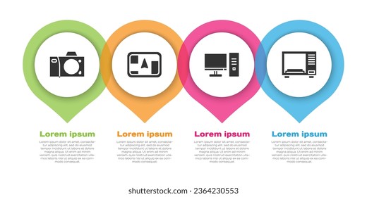 Set Photo camera, Gps device with map, Computer monitor and Microwave oven. Business infographic template. Vector