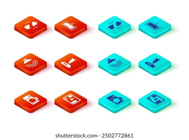 Set Photo camera, Gps device with map, Speaker volume, Joystick for arcade machine, Keyboard and Broken battery icon. Vector