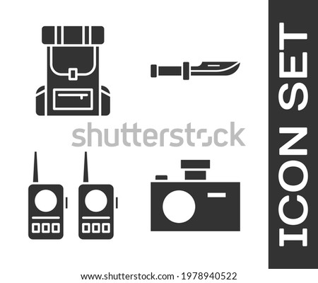 Set Photo camera, Hiking backpack, Walkie talkie and Camping knife icon. Vector