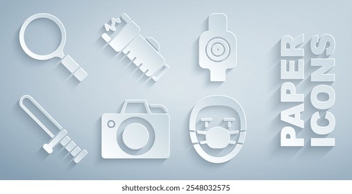 Set Photo camera, Human target sport for shooting, Police rubber baton, Doctor pathologist, electric shocker and Magnifying glass with search icon. Vector