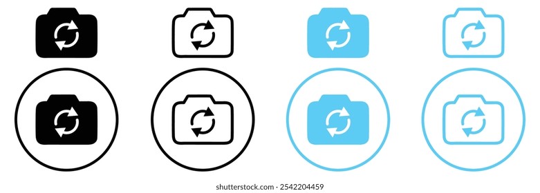 Set of Photo camera icon collection. Rotate camera, Flip camera, rotation circular camera symbol. Vector Illustration.