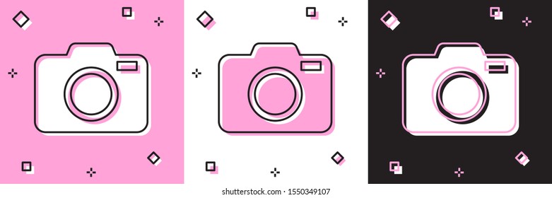 Set Photo camera icon isolated on pink and white, black background. Foto camera icon.  Vector Illustration