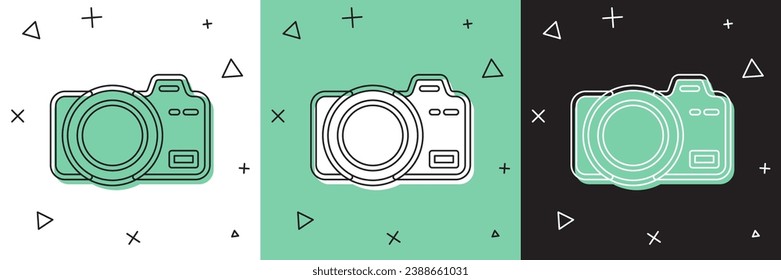 Set Photo camera icon isolated on white and green, black background. Foto camera. Digital photography.  Vector