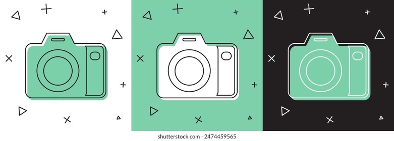 Set Photo camera icon isolated on white and green, black background. Foto camera. Digital photography.  Vector