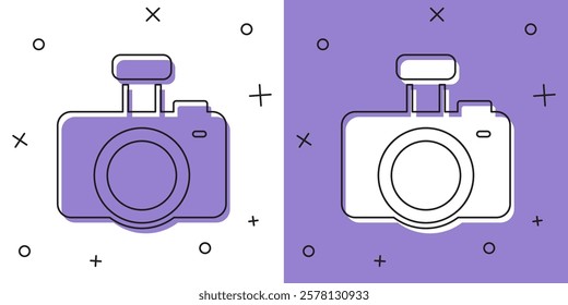 Set Photo camera icon isolated on white and purple background. Foto camera. Digital photography.  Vector