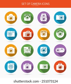Set of photo or camera icons with long shadows. Flat design. Vector illustration