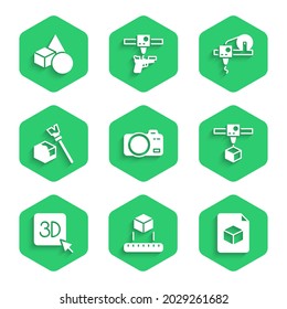 Establezca la cámara fotográfica, el cubo isométrico, el archivo, la impresora 3D y el icono de formas geométricas básicas. Vector